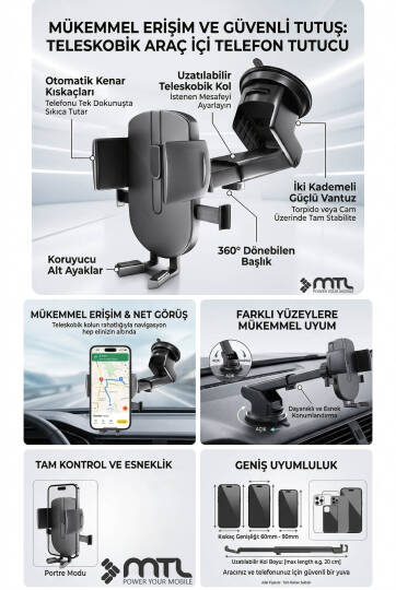 Katılabilir ve 270° Ayarlanabilir Kol Araç İçi Telefon Tutucu Dayanıklı Ve Güçlü Vantuzlu - 6