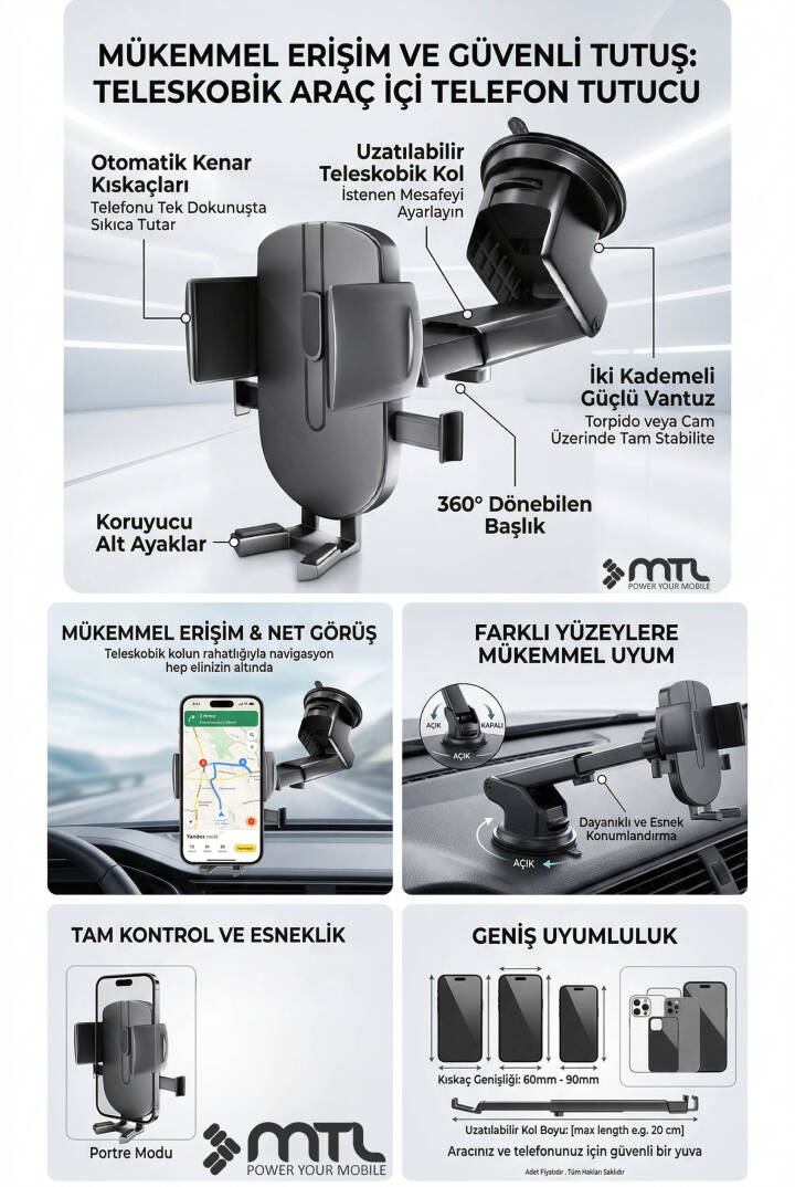 Katılabilir ve 270° Ayarlanabilir Kol Araç İçi Telefon Tutucu Dayanıklı Ve Güçlü Vantuzlu - 6