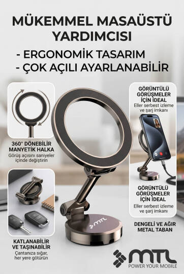Katlanabilir MagSafe Uyumlu 360° Döner Çok Açılı Metal Telefon Standı Ve Araç İçi Telefon Tutucu - 5