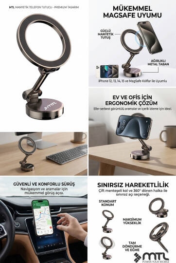 Katlanabilir MagSafe Uyumlu 360° Döner Çok Açılı Metal Telefon Standı Ve Araç İçi Telefon Tutucu - 6