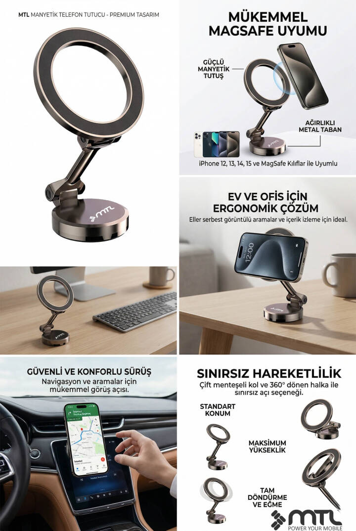 Katlanabilir MagSafe Uyumlu 360° Döner Çok Açılı Metal Telefon Standı Ve Araç İçi Telefon Tutucu - 6
