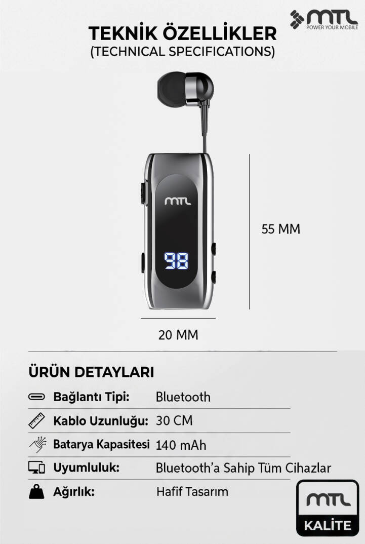 Makaralı Bluetooth Kulaklık Digital Göstergeli Çift Telefon Destekli MT982 - 2