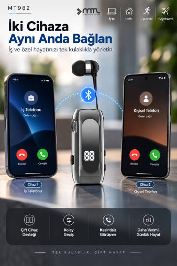 Makaralı Bluetooth Kulaklık Digital Göstergeli Çift Telefon Destekli MT982 - 5