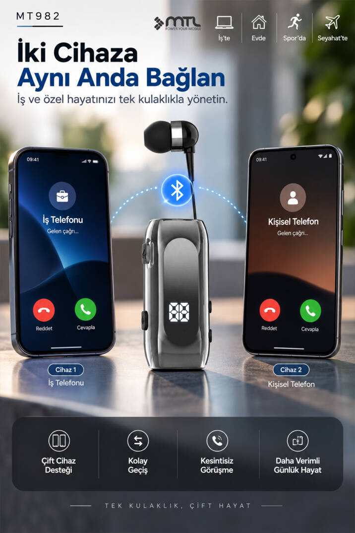 Makaralı Bluetooth Kulaklık Digital Göstergeli Çift Telefon Destekli MT982 - 5