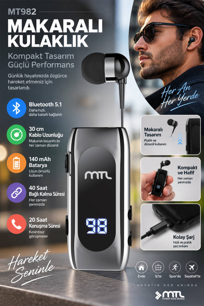 Makaralı Bluetooth Kulaklık Digital Göstergeli Çift Telefon Destekli MT982 - 7