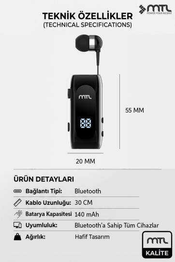 Makaralı Bluetooth Kulaklık Digital Göstergeli Çift Telefon Destekli MT982 - 9