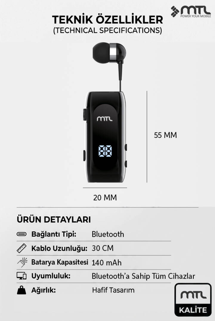Makaralı Bluetooth Kulaklık Digital Göstergeli Çift Telefon Destekli MT982 - 9