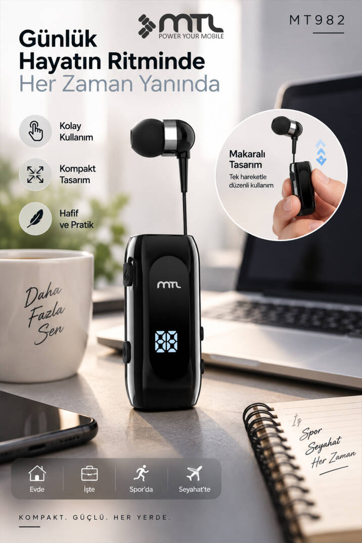 Makaralı Bluetooth Kulaklık Digital Göstergeli Çift Telefon Destekli MT982 - 11