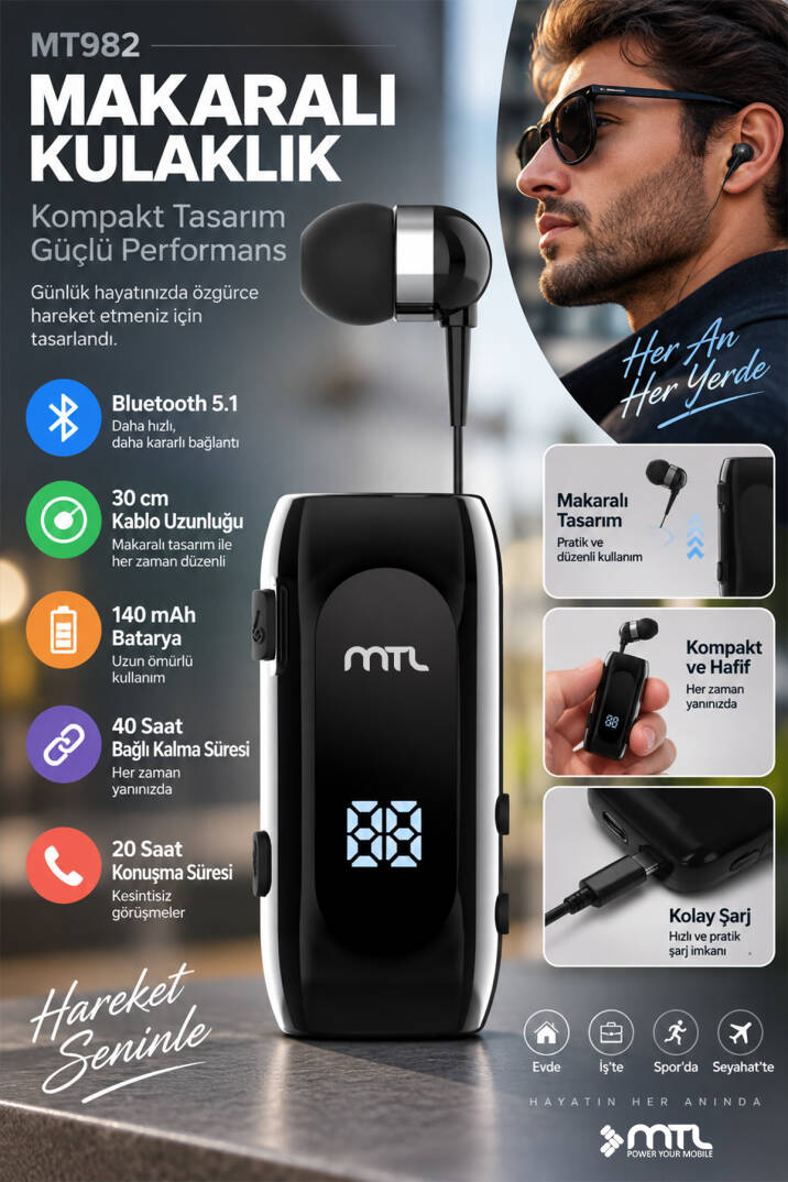 Makaralı Bluetooth Kulaklık Digital Göstergeli Çift Telefon Destekli MT982 - 14
