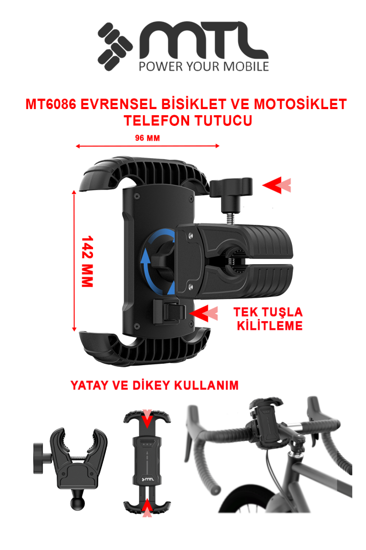Motosiklet Bisiklet Telefon Tutucu Titreşim Önleyici 4 Köşe Kilit 360° Döner MT6086 - 2