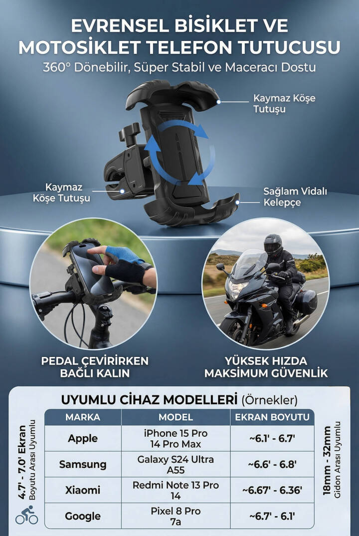 Motosiklet Bisiklet Telefon Tutucu Titreşim Önleyici 4 Köşe Kilit 360° Döner MT6086 - 4