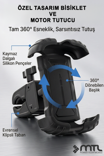 Motosiklet Bisiklet Telefon Tutucu Titreşim Önleyici 4 Köşe Kilit 360° Döner MT6086 - 5