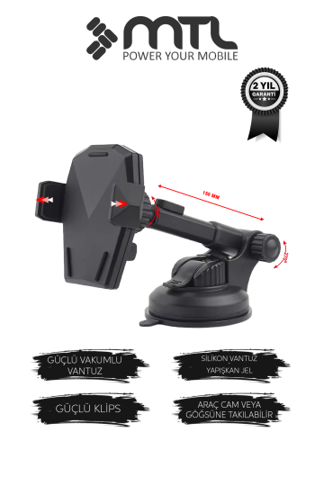 Otomatik Kilitli Teleskopik Kol Araç İçi Telefon Tutucu Dayanıklı ve Güçlü Vantuz 360° Döner MT6042
