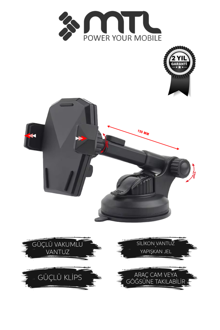 Otomatik Kilitli Teleskopik Kol Araç İçi Telefon Tutucu Dayanıklı ve Güçlü Vantuz 360° Döner MT6042 - 1