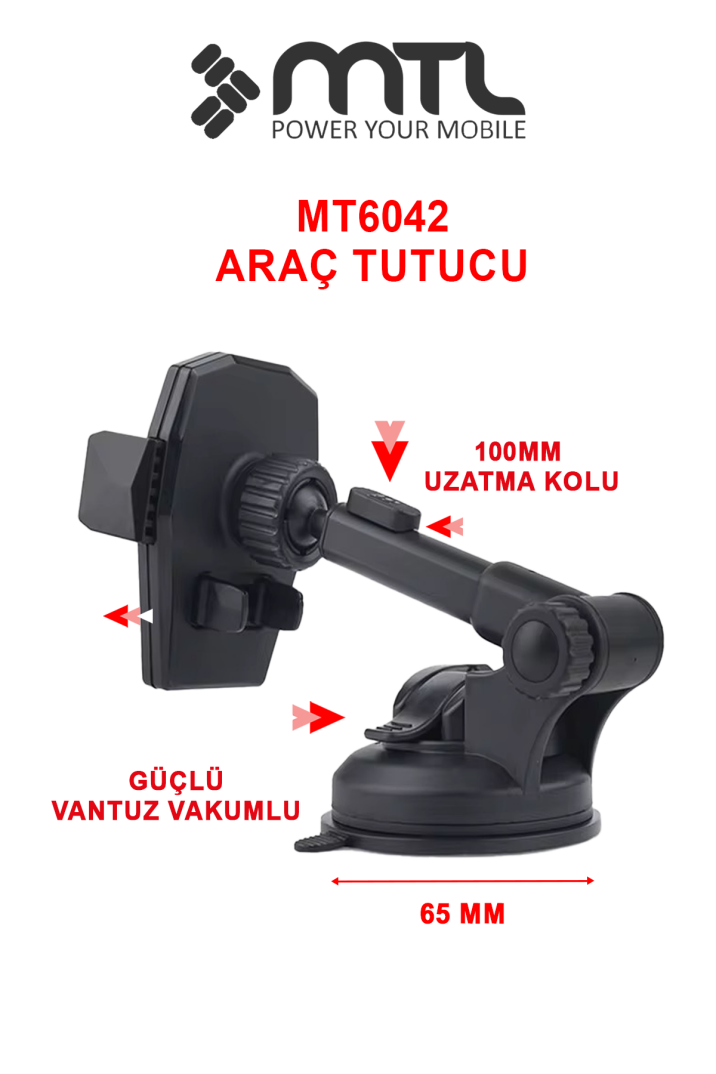 Otomatik Kilitli Teleskopik Kol Araç İçi Telefon Tutucu Dayanıklı ve Güçlü Vantuz 360° Döner MT6042 - 2