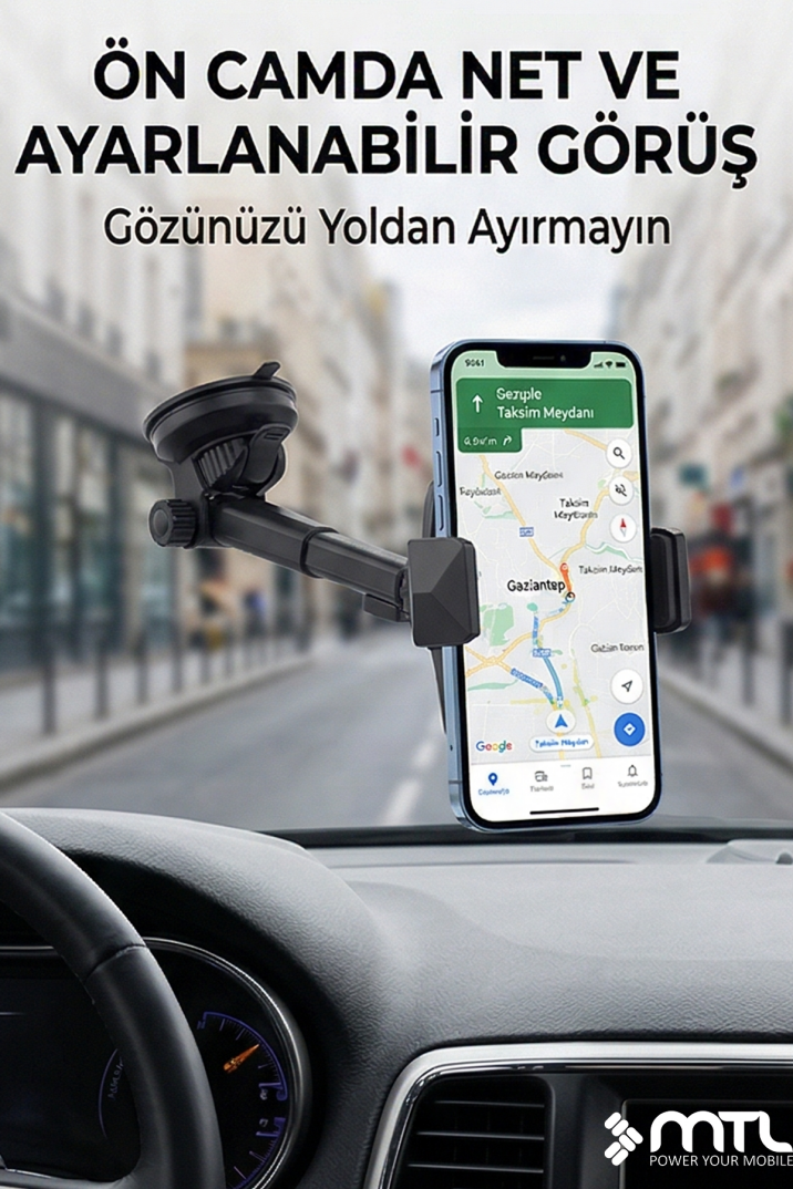 Otomatik Kilitli Teleskopik Kol Araç İçi Telefon Tutucu Dayanıklı ve Güçlü Vantuz 360° Döner MT6042 - 3