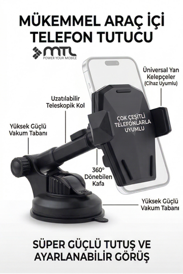 Otomatik Kilitli Teleskopik Kol Araç İçi Telefon Tutucu Dayanıklı ve Güçlü Vantuz 360° Döner MT6042 - 5