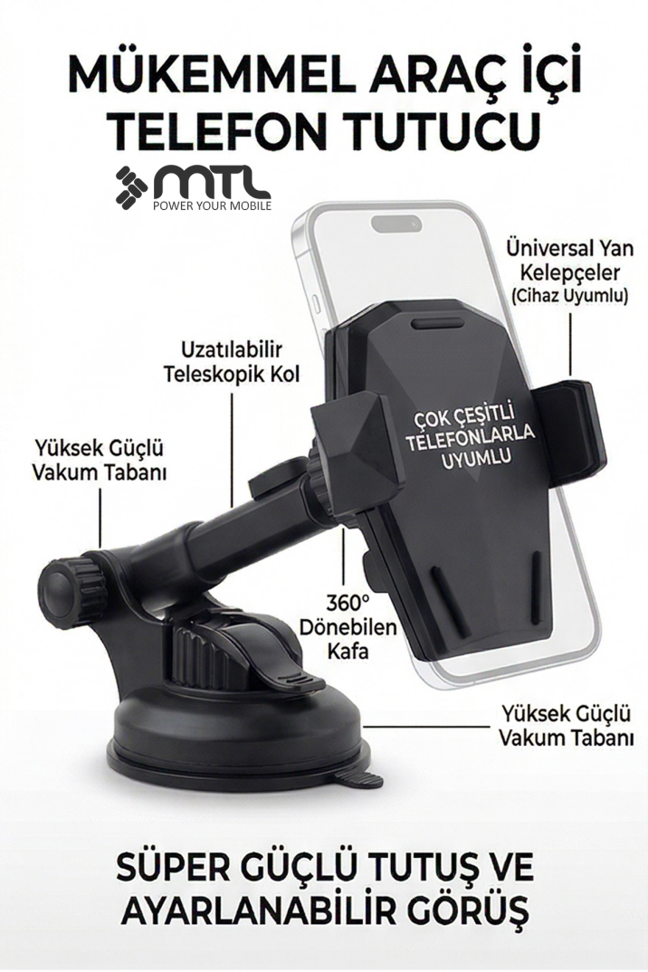 Otomatik Kilitli Teleskopik Kol Araç İçi Telefon Tutucu Dayanıklı ve Güçlü Vantuz 360° Döner MT6042 - 5