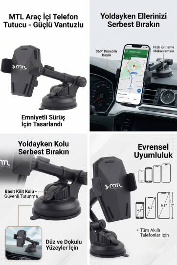 Otomatik Kilitli Teleskopik Kol Araç İçi Telefon Tutucu Dayanıklı ve Güçlü Vantuz 360° Döner MT6042 - 6