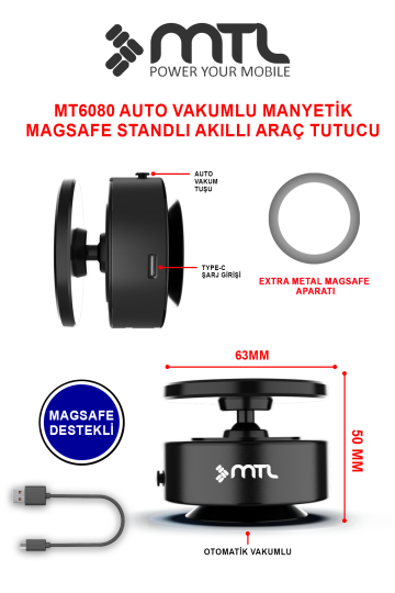 Otomatik Vakumlu Araç Telefon Tutucu - MagSafe Uyumlu Manyetik Telefon Tutucu MT6080 - 2