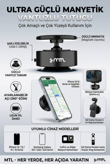 Otomatik Vakumlu Araç Telefon Tutucu - MagSafe Uyumlu Manyetik Telefon Tutucu MT6080 - 5