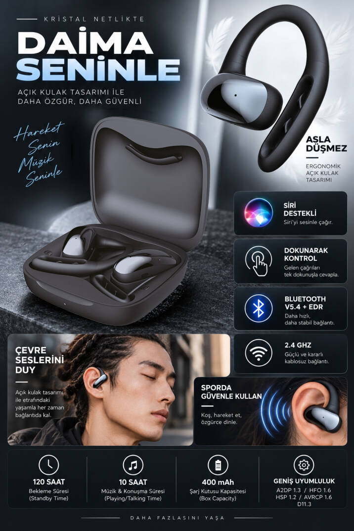 OWS Sporcu Kablosuz Bluetooth Kulaklık Kulak Üstü Ultra Konforlu Air Conduction Tipi MT934 - 12