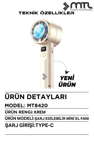 Peltier Buz Soğutmalı El Vantilatörü | 199 Kademe, 3600mAh, 9300 RPM, USB-C, Askılı MT8420 - 3