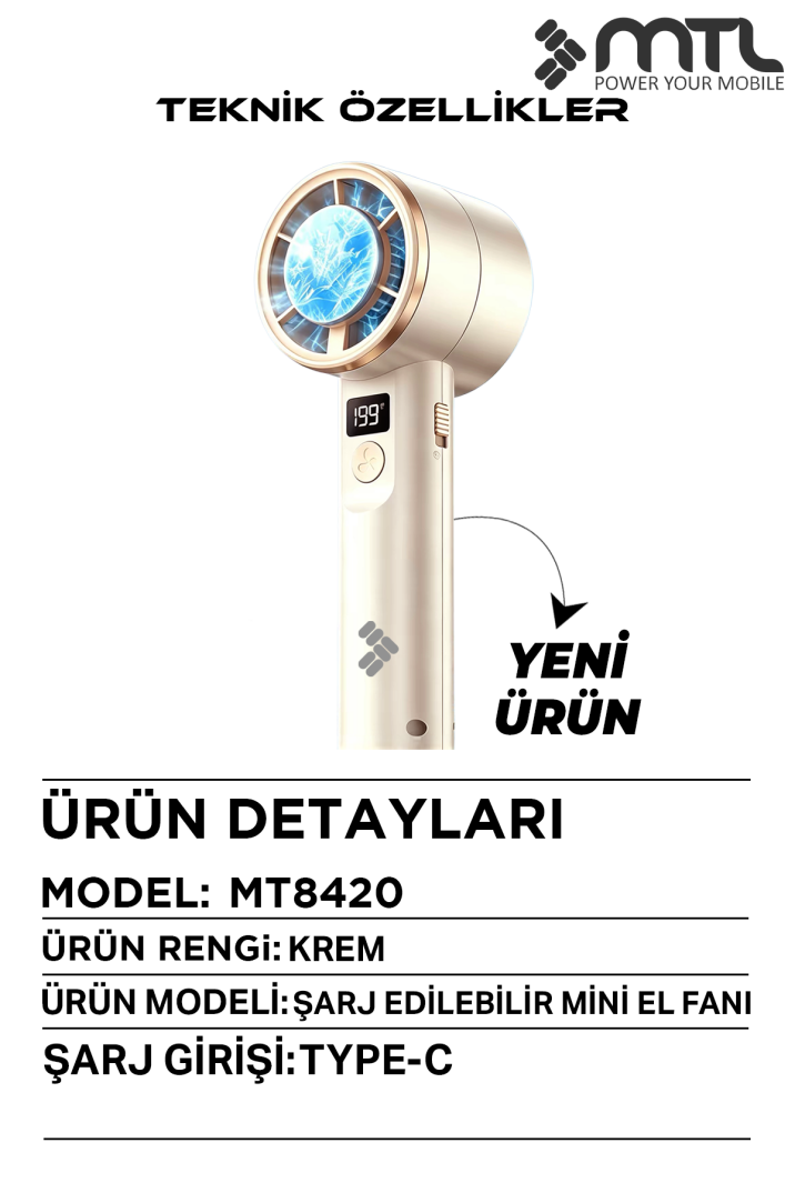 Peltier Buz Soğutmalı El Vantilatörü | 199 Kademe, 3600mAh, 9300 RPM, USB-C, Askılı MT8420 - 3