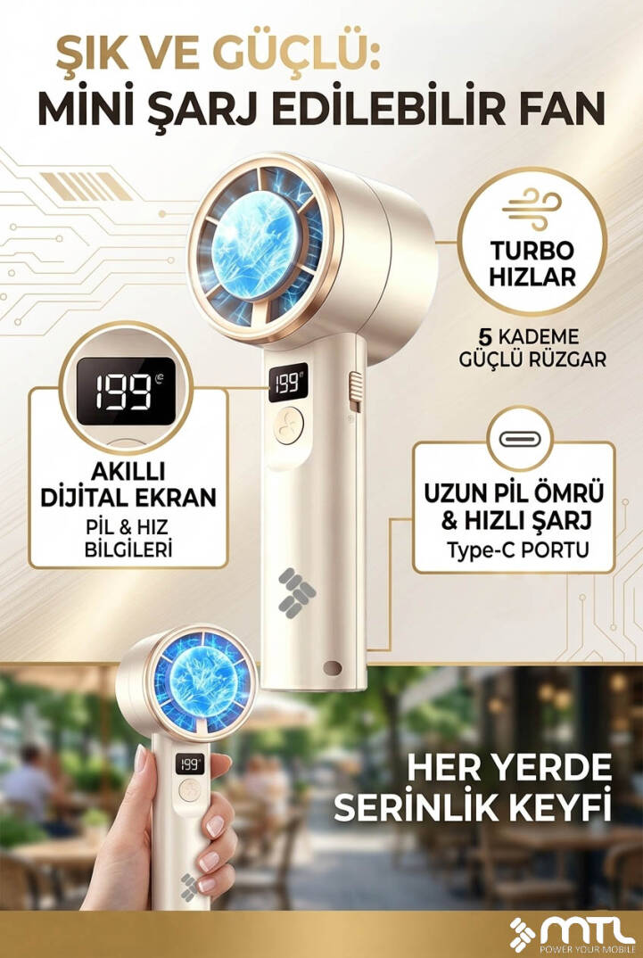 Peltier Buz Soğutmalı El Vantilatörü | 199 Kademe, 3600mAh, 9300 RPM, USB-C, Askılı MT8420 - 5
