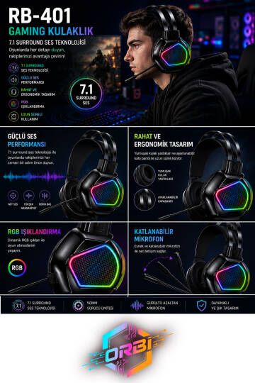 RB401 RGB Aydınlatmalı Mikrofonlu Gaming Oyuncu Kulaklığı Type-C OTG ile USB 7.1 - 2