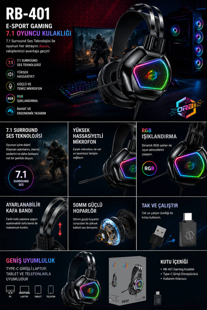 RB401 RGB Aydınlatmalı Mikrofonlu Gaming Oyuncu Kulaklığı Type-C OTG ile USB 7.1 - 3
