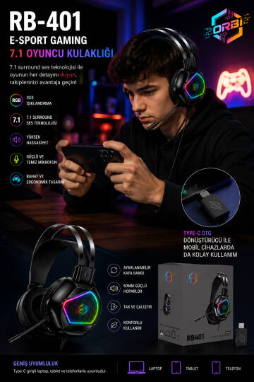 RB401 RGB Aydınlatmalı Mikrofonlu Gaming Oyuncu Kulaklığı Type-C OTG ile USB 7.1 - 4