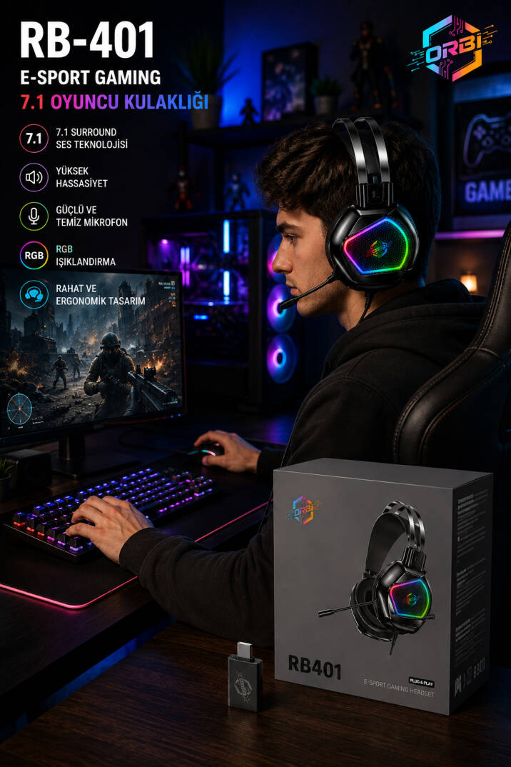 RB401 RGB Aydınlatmalı Mikrofonlu Gaming Oyuncu Kulaklığı Type-C OTG ile USB 7.1 - 5