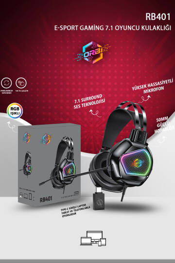 RB401 RGB Aydınlatmalı Mikrofonlu Gaming Oyuncu Kulaklığı Type-C OTG ile USB 7.1 - 6