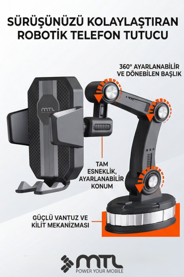 Robot Kollu Çok Eklemli Araç İçi Telefon Tutucu Süper Güçlü Vakumlu Dayanklı Otomatik Kilitli 360° - 3