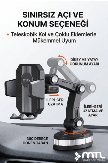 Robot Kollu Çok Eklemli Araç İçi Telefon Tutucu Süper Güçlü Vakumlu Dayanklı Otomatik Kilitli 360° - 4