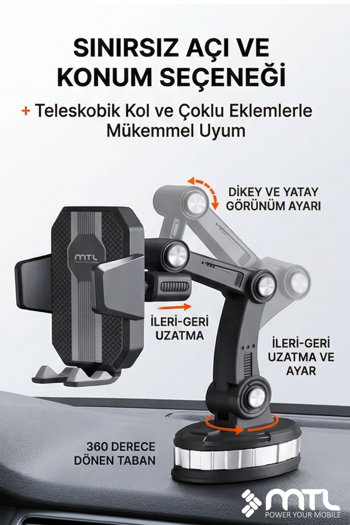 Robot Kollu Çok Eklemli Araç İçi Telefon Tutucu Süper Güçlü Vakumlu Dayanklı Otomatik Kilitli 360° - 4