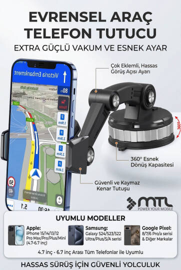Robot Kollu Çok Eklemli Araç İçi Telefon Tutucu Süper Güçlü Vakumlu Dayanklı Otomatik Kilitli 360° - 5
