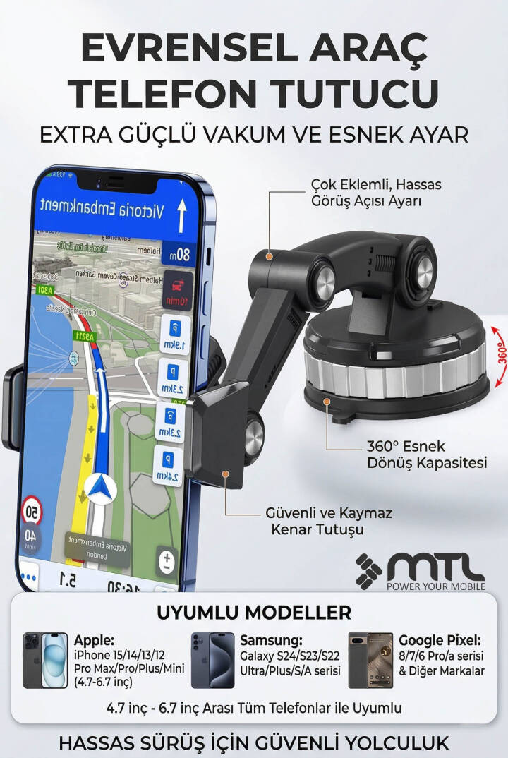Robot Kollu Çok Eklemli Araç İçi Telefon Tutucu Süper Güçlü Vakumlu Dayanklı Otomatik Kilitli 360° - 5