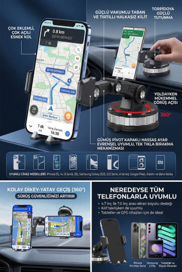 Robot Kollu Çok Eklemli Araç İçi Telefon Tutucu Süper Güçlü Vakumlu Dayanklı Otomatik Kilitli 360° - 6