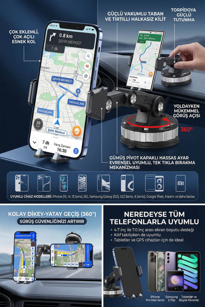 Robot Kollu Çok Eklemli Araç İçi Telefon Tutucu Süper Güçlü Vakumlu Dayanklı Otomatik Kilitli 360° - 6