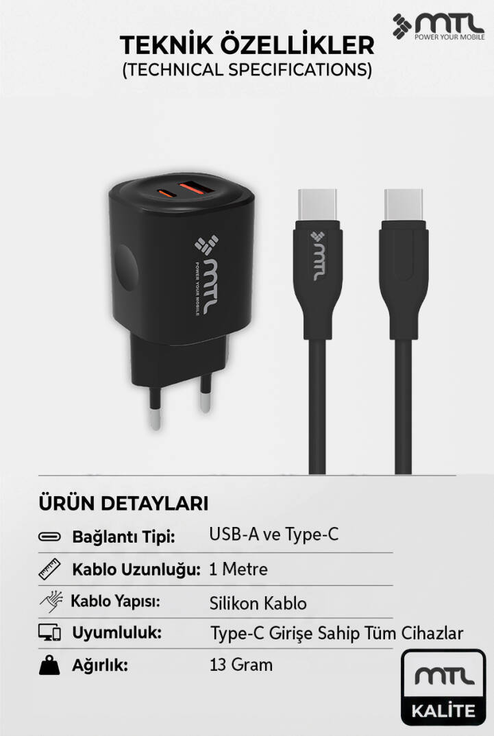 Samsung Galaxy M51 Uyumlu Pd Type-C To Type-C ve USB Çift Giriş 25W Şarj Seti MT-A1725 - 2