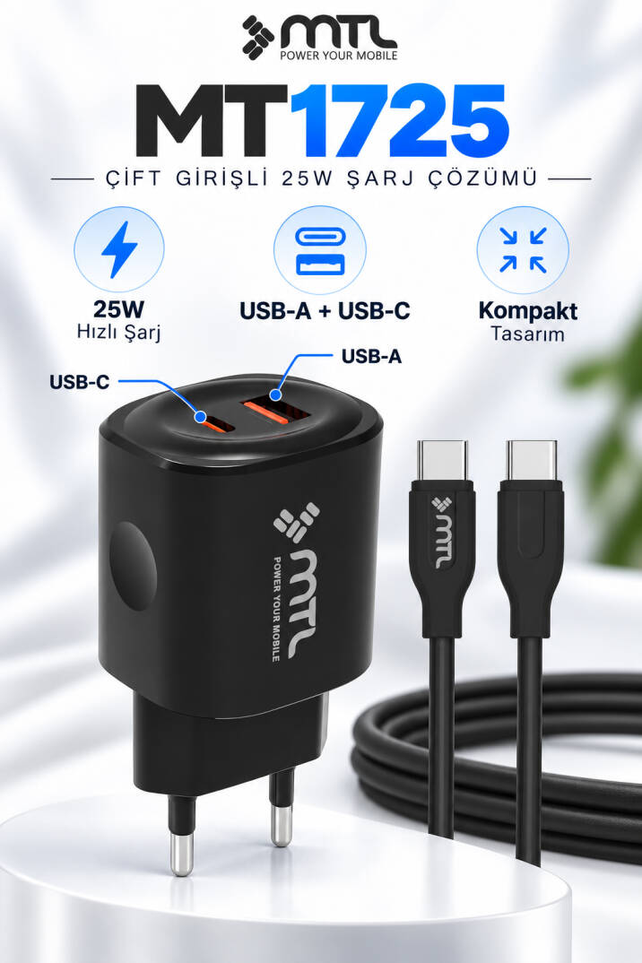 Samsung Galaxy S22 Uyumlu Pd Type-C To Type-C ve USB Çift Giriş 25W Şarj Seti MT-A1725 - 1