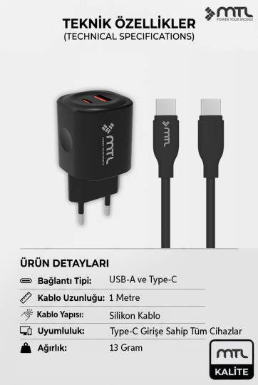 Samsung Galaxy S22 Uyumlu Pd Type-C To Type-C ve USB Çift Giriş 25W Şarj Seti MT-A1725 - 2