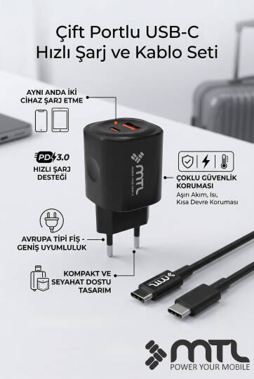 Samsung Galaxy S22 Uyumlu Pd Type-C To Type-C ve USB Çift Giriş 25W Şarj Seti MT-A1725 - 4