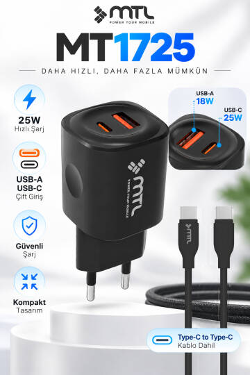 Samsung Galaxy S22 Uyumlu Pd Type-C To Type-C ve USB Çift Giriş 25W Şarj Seti MT-A1725 - 5