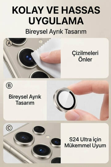 Samsung S24 Ultra Uyumlu Safir Lens Çizilmez Dayanıklı Kamera Koruyucu - 8
