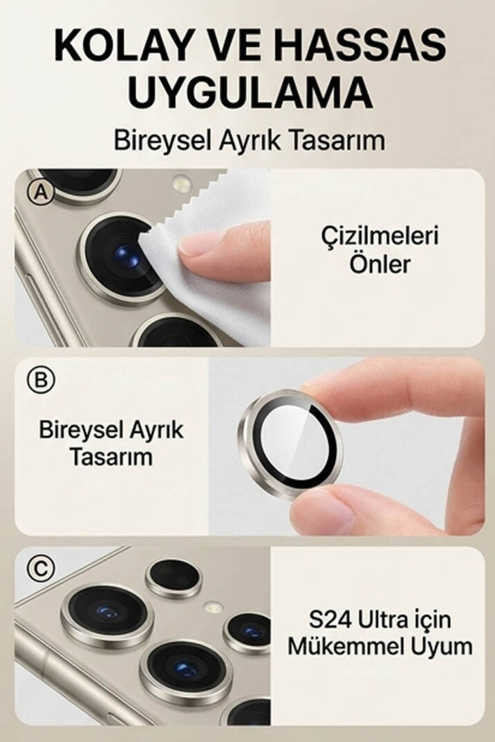 Samsung S24 Ultra Uyumlu Safir Lens Çizilmez Dayanıklı Kamera Koruyucu - 8
