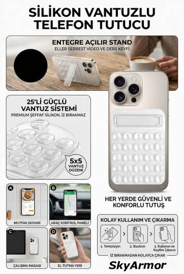 Standlı Silikon Telefon Tutucu – Aynaya ve Cama Yapışan Vantuzlu Selfie Standı Sky165 Beyaz
