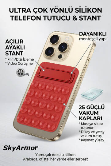 Standlı Silikon Telefon Tutucu – Aynaya ve Cama Yapışan Vantuzlu Selfie Standı Sky165 Kırmızı